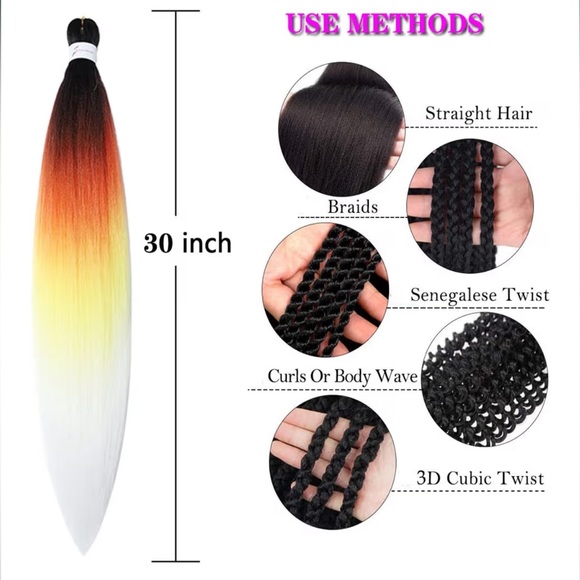 YUCCAHA Pre Stretched Braiding Hair 30 Inch 3 Packs Black-Red-Yellow-White - Picture 4 of 12